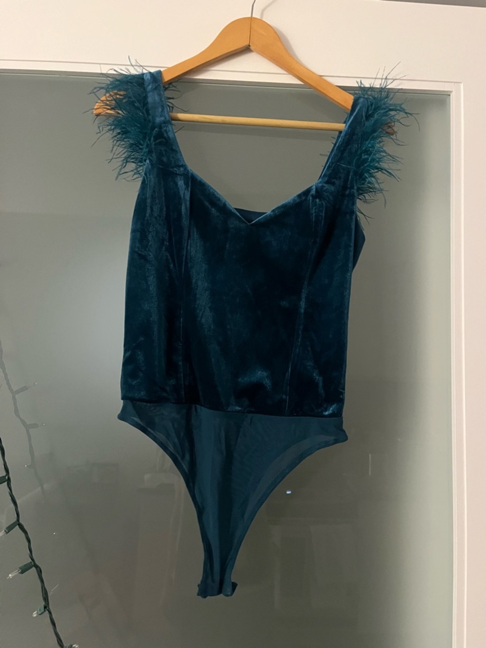 Lulu's Teal Velvet Feather-Trim Bodysuit